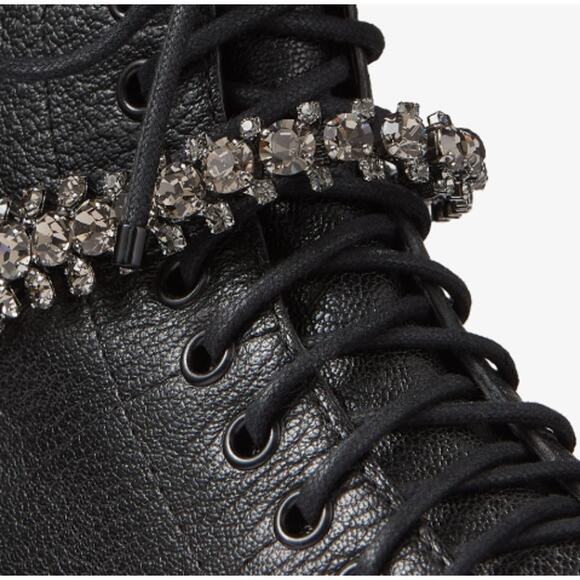 JIMMY CHOO Cruz Flat Black Grainy Leather Combat Boots with Crystal Detail - Picture 5 of 16